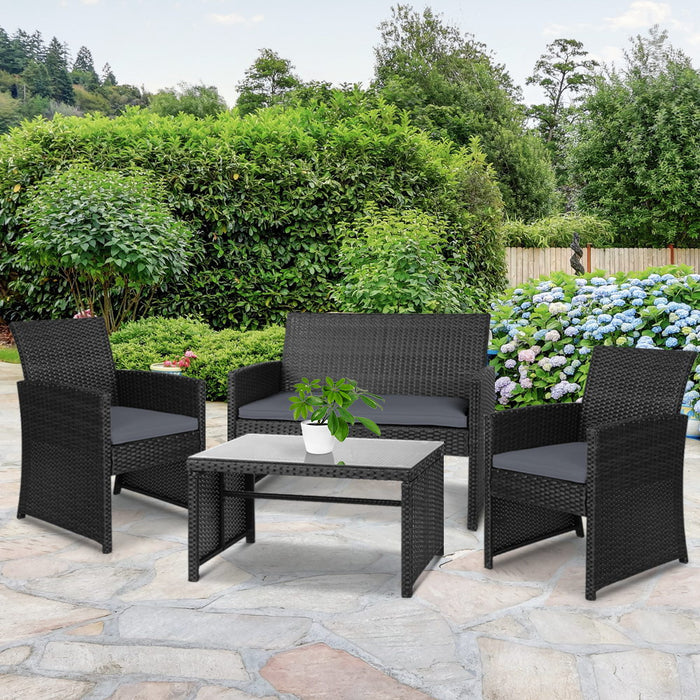 Rattan Furniture Outdoor Lounge Setting Wicker Dining Set w/Storage Cover Black