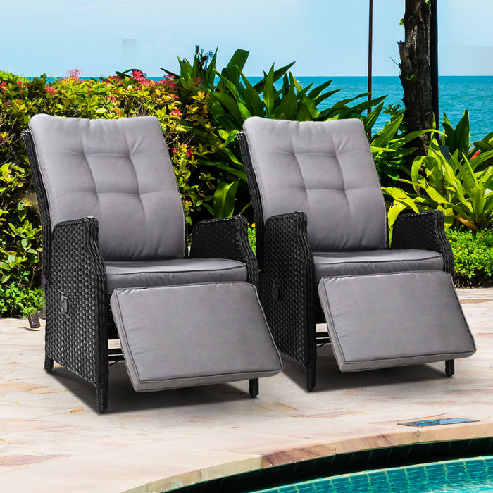 Set of 2 Recliner Chairs Sun lounge Outdoor Furniture Setting Patio Wicker Sofa Black