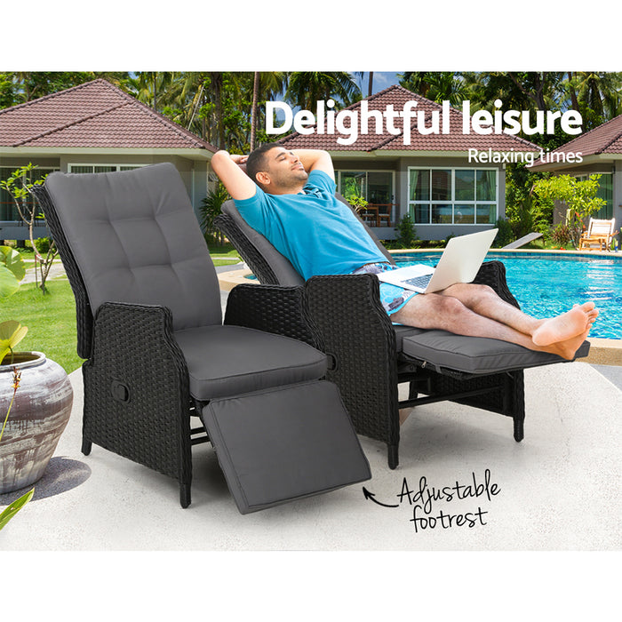 Set of 2 Recliner Chairs Sun lounge Outdoor Furniture Setting Patio Wicker Sofa Black