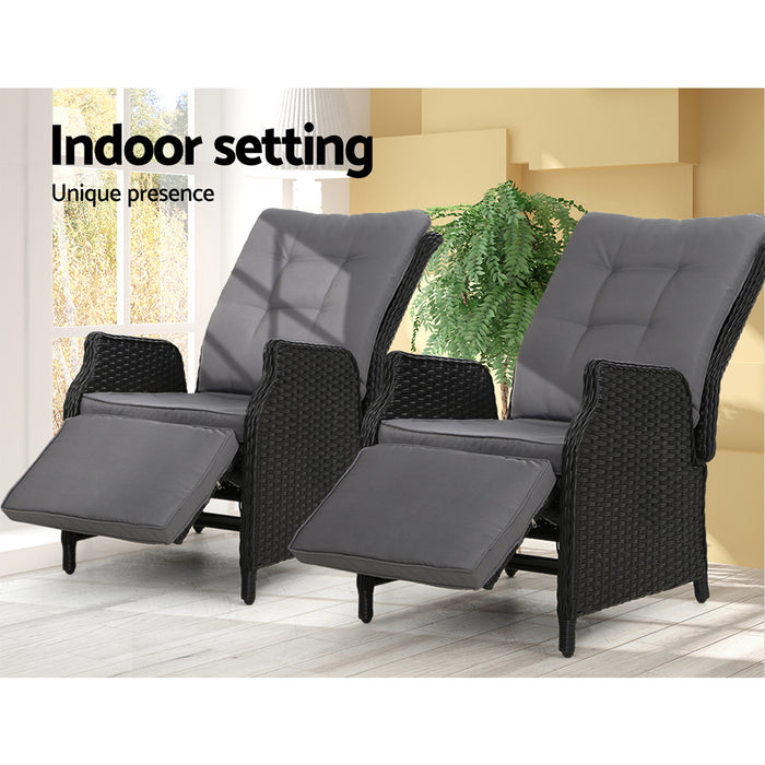 Set of 2 Recliner Chairs Sun lounge Outdoor Furniture Setting Patio Wicker Sofa Black