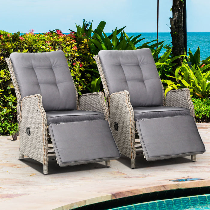 Set of 2 Recliner Chairs Sun lounge Outdoor Furniture Setting Patio Wicker Sofa Grey