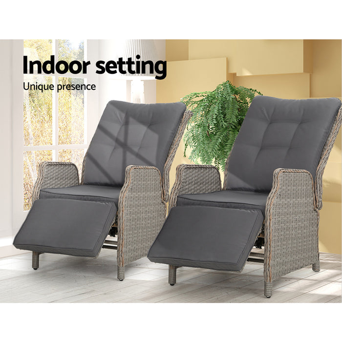 Set of 2 Recliner Chairs Sun lounge Outdoor Furniture Setting Patio Wicker Sofa Grey