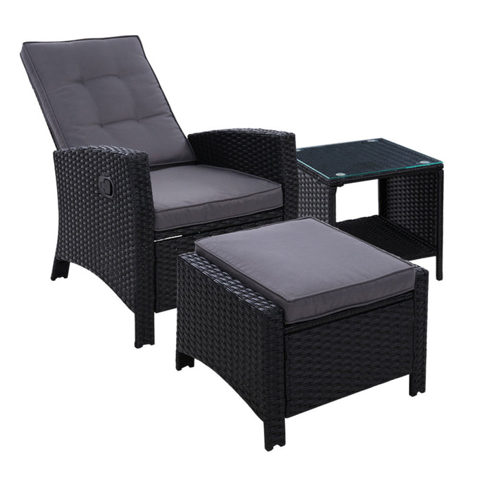 Outdoor Setting Recliner Chair Table Set Wicker lounge Patio Furniture Black