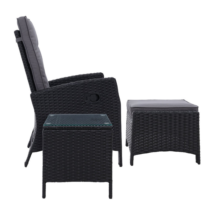 Outdoor Setting Recliner Chair Table Set Wicker lounge Patio Furniture Black