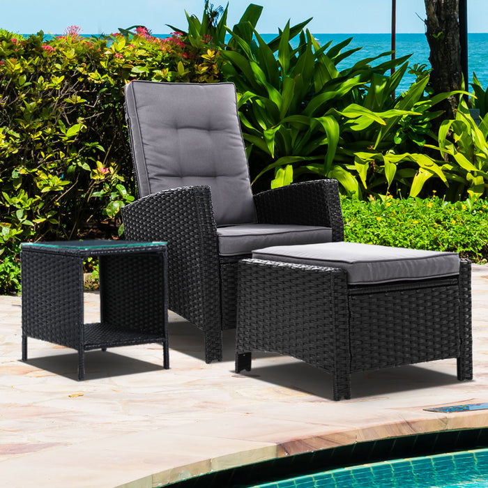 Outdoor Setting Recliner Chair Table Set Wicker lounge Patio Furniture Black