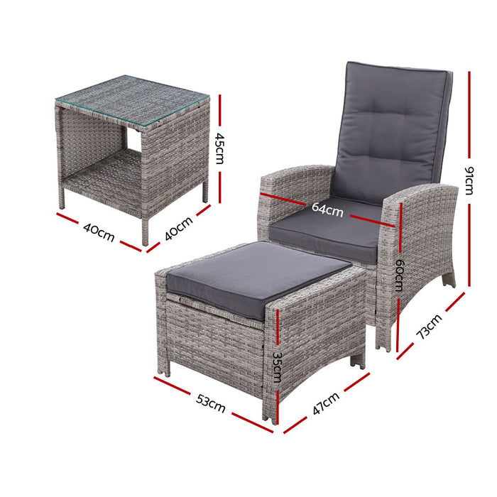 Outdoor Setting Recliner Chair Table Set Wicker lounge Patio Furniture Grey