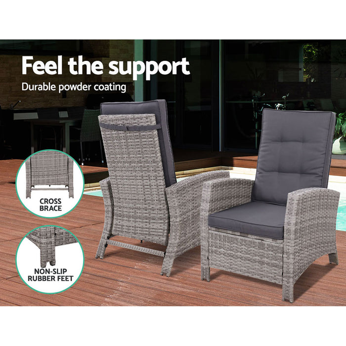 Outdoor Setting Recliner Chair Table Set Wicker lounge Patio Furniture Grey