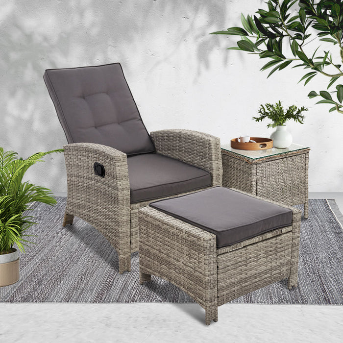 Outdoor Setting Recliner Chair Table Set Wicker lounge Patio Furniture Grey