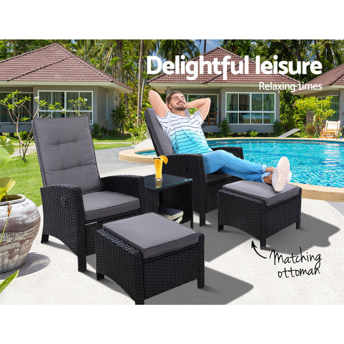 Outdoor Patio Furniture Recliner Chairs Table Setting Wicker Lounge 5pc Black