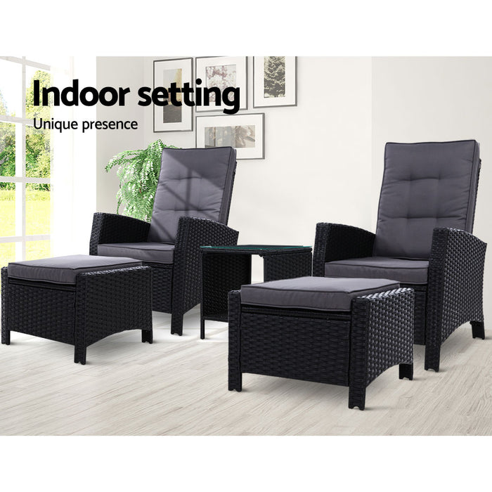 Outdoor Patio Furniture Recliner Chairs Table Setting Wicker Lounge 5pc Black