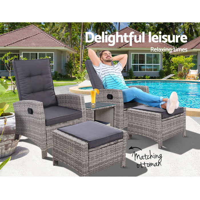 Outdoor Patio Furniture Recliner Chairs Table Setting Wicker Lounge 5pc Grey