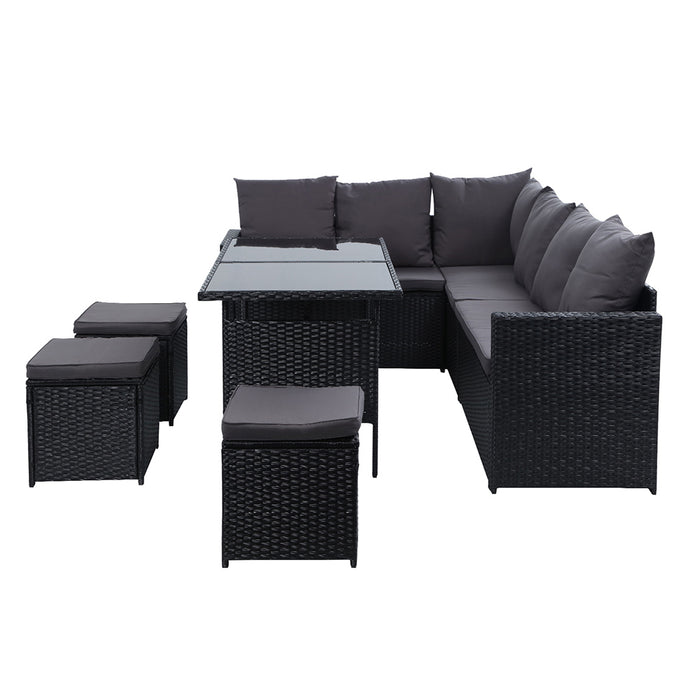 Outdoor Furniture Dining Setting Sofa Set Lounge Wicker 9 Seater Black