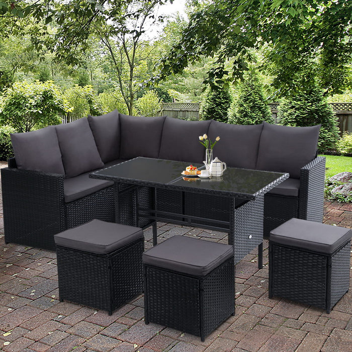 Outdoor Furniture Dining Setting Sofa Set Lounge Wicker 9 Seater Black