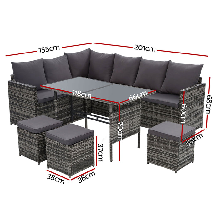 Outdoor Furniture Dining Setting Sofa Set Lounge Wicker 9 Seater Mixed Grey