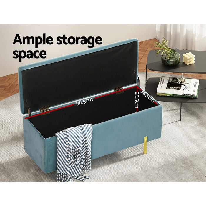 Storage Ottoman Blanket Box Velvet Chest Toy Foot Stool Couch Bed Blue