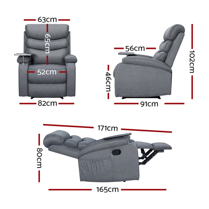 Recliner Chair Lounge Sofa Armchair Chairs Couch Fabric Grey Tray Table