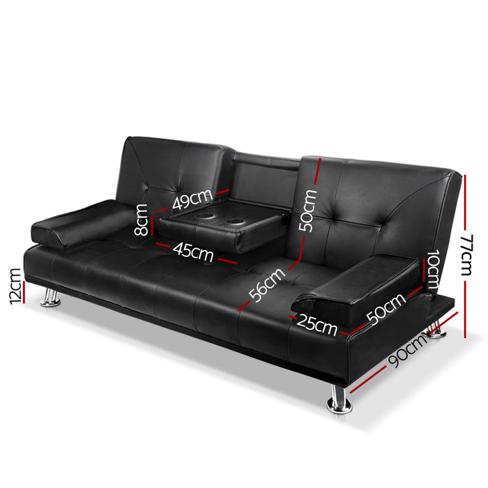 3 Seater PU Leather Sofa Bed - Black