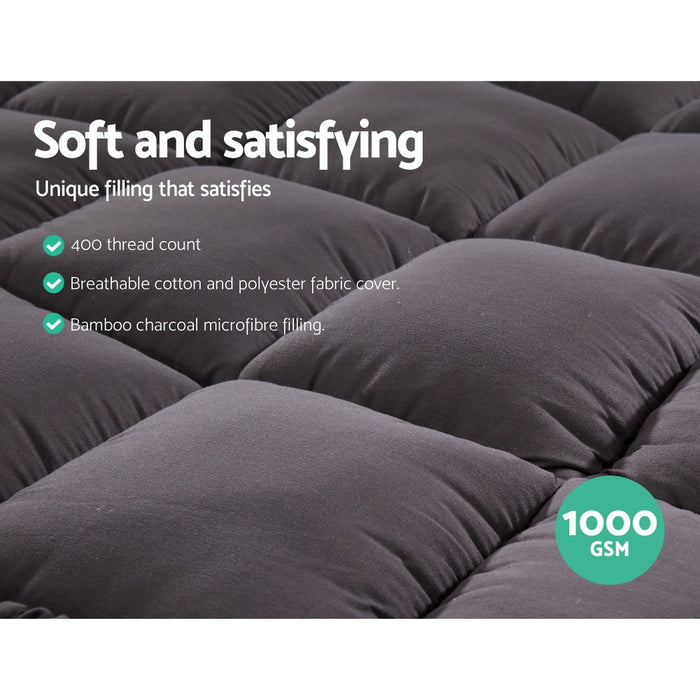 Double Mattress Topper Pillowtop 1000GSM Charcoal Microfibre Bamboo Fibre Filling Protector