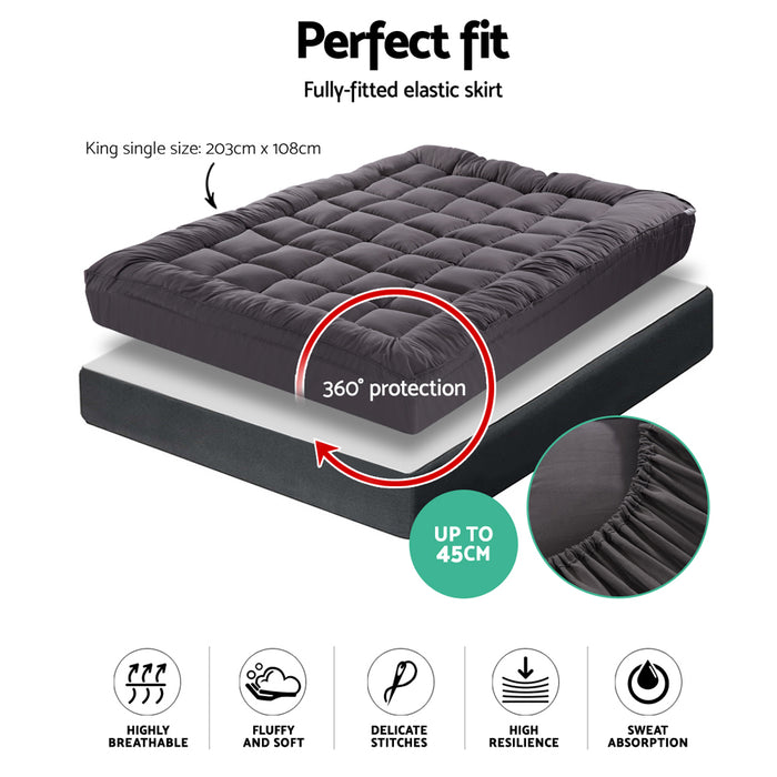 King Single Mattress Topper Pillowtop 1000GSM Charcoal Microfibre Bamboo Fibre Filling Protector