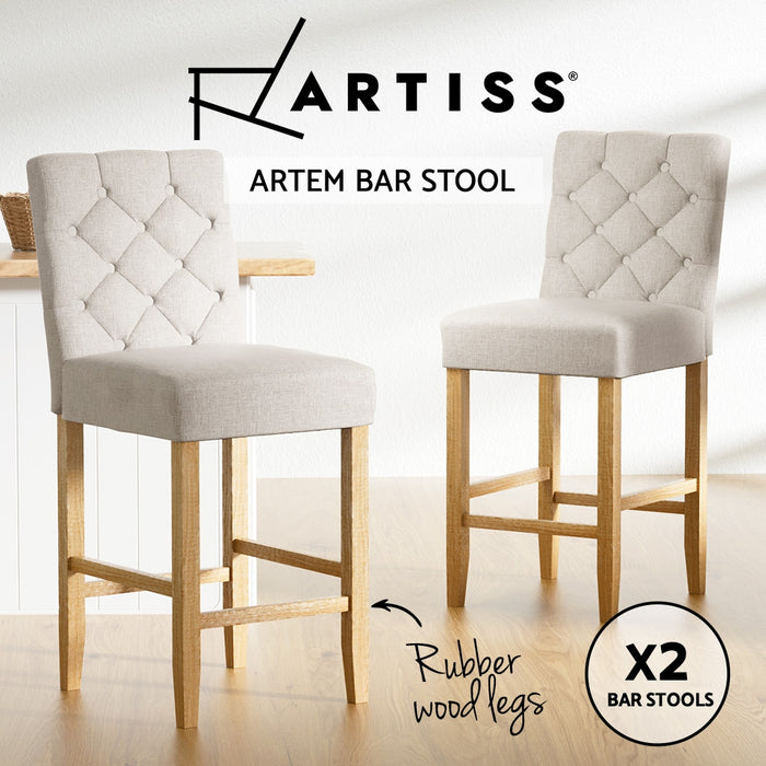 Bar Stools Kitchen Stool Wooden Barstools Linen Upholstered Chairs x2