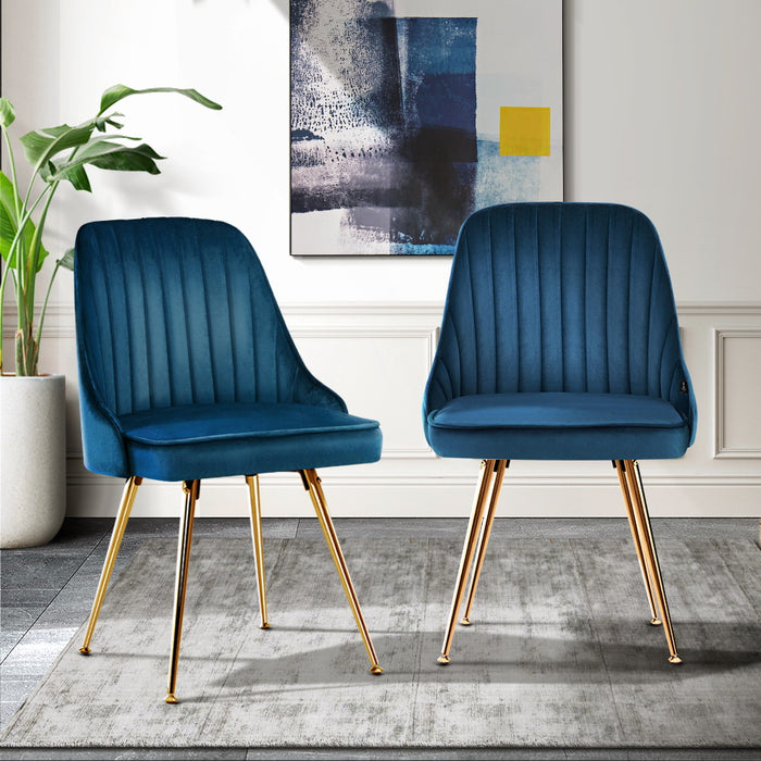 Set of 2 Dining Chairs Retro Chair Cafe Kitchen Modern Metal Legs Velvet Blue