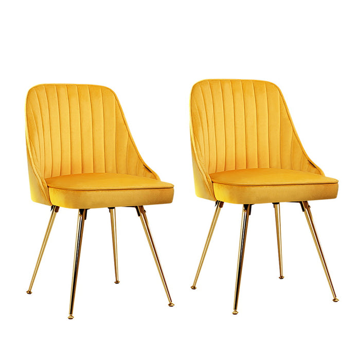 Set of 2 Dining Chairs Retro Chair Cafe Kitchen Modern Metal Legs Velvet Yellow