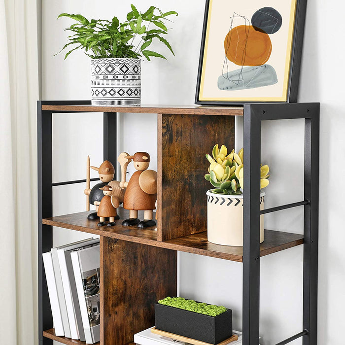 4-Tier Industrial Bookshelf Stable Iron Frame, Rustic Brown