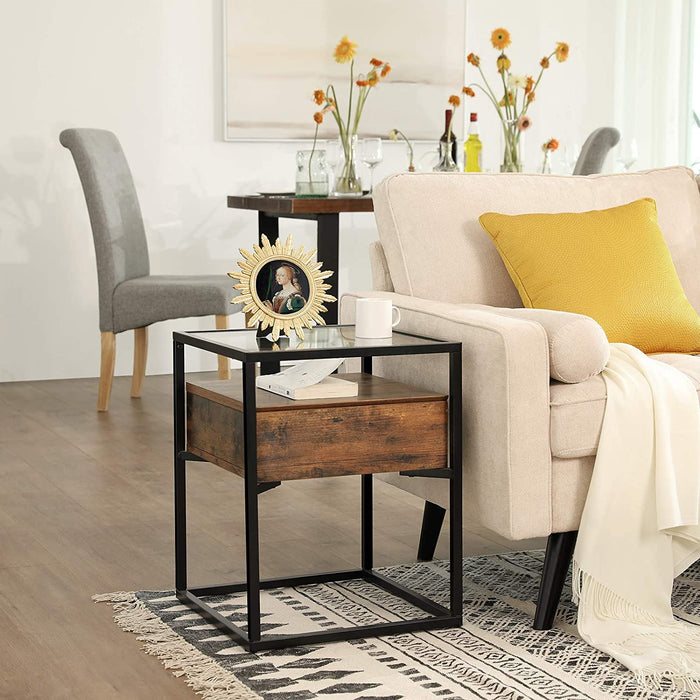 Tempered Glass End Table with Drawer and Rustic Shelf  Stable Iron Frame