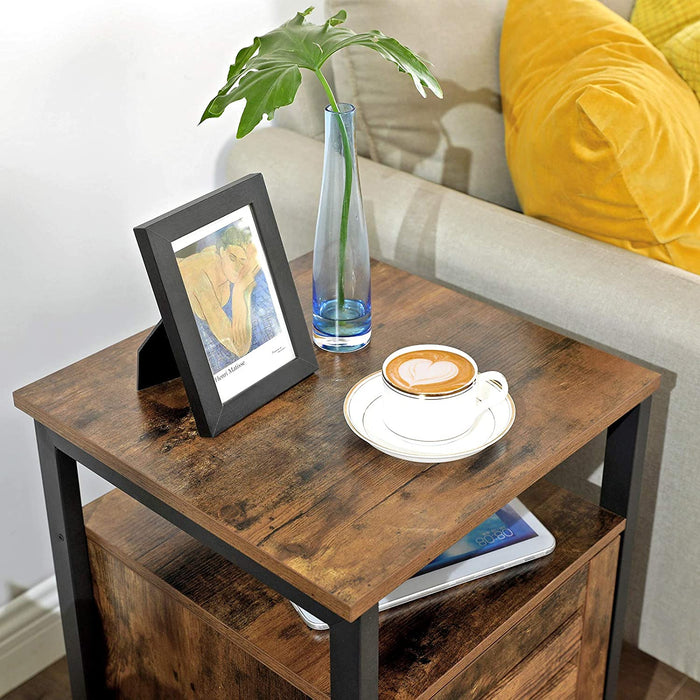 Bedside Table with 2 Adjustable Shelves Steel Frame 40 x 40 x 60 cm Rustic Brown and Black