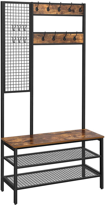 Coat Rack Stand Industrial Style with Grid Wall and Shoe storage 185 cm Tall Rustic Brown