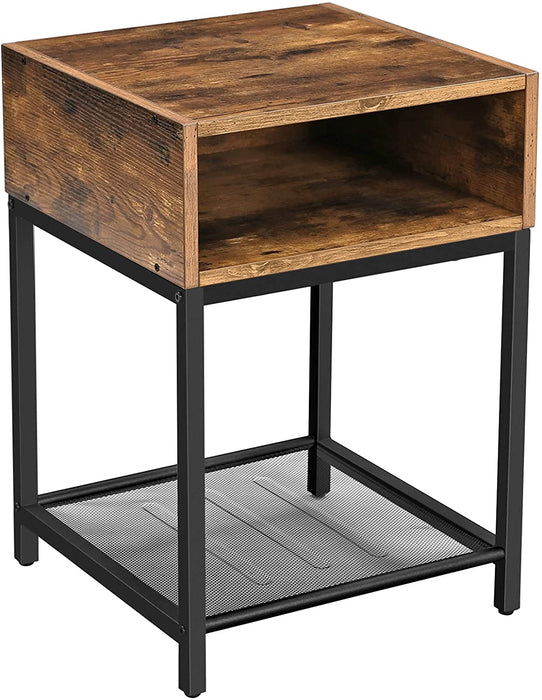 Side Table with Open Compartment and Mesh Shelf Rustic Brown and Black