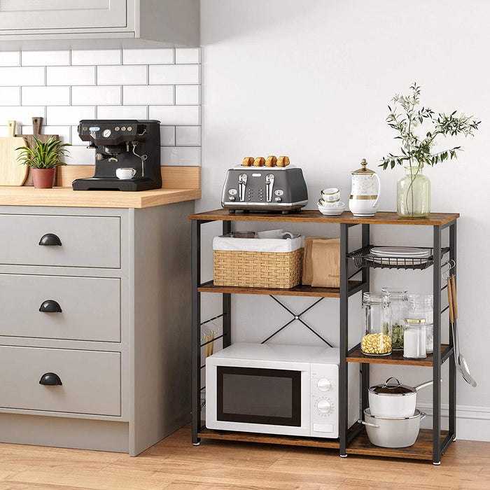 Kitchen Shelf with Steel Frame Wire Basket and 6 Hooks Rustic Brown and Black