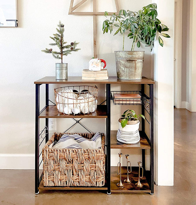 Kitchen Shelf with Steel Frame Wire Basket and 6 Hooks Rustic Brown and Black