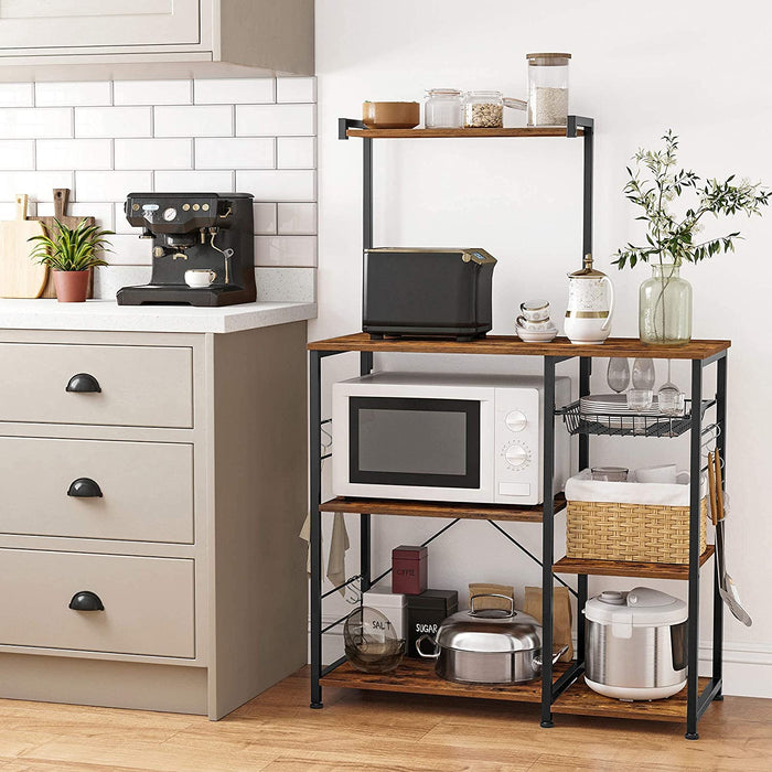 Kithcen Baker's Rack with Shelves Microwave Stand with Wire Basket and 6 S-Hooks Rustic Brown