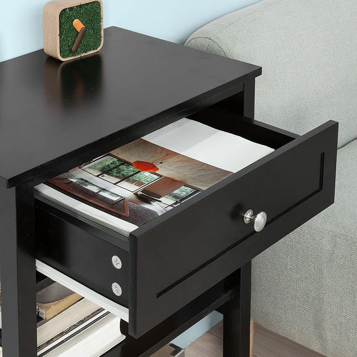 Black Bedside Table with 1 Drawer and 2 Shelves