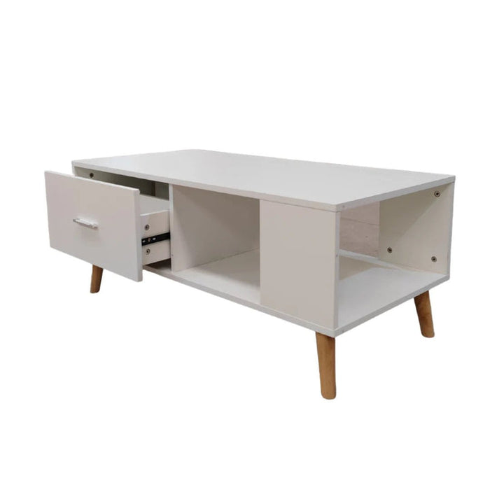 White Coffee Table Storage Drawer & Open Shelf With Wooden Legs