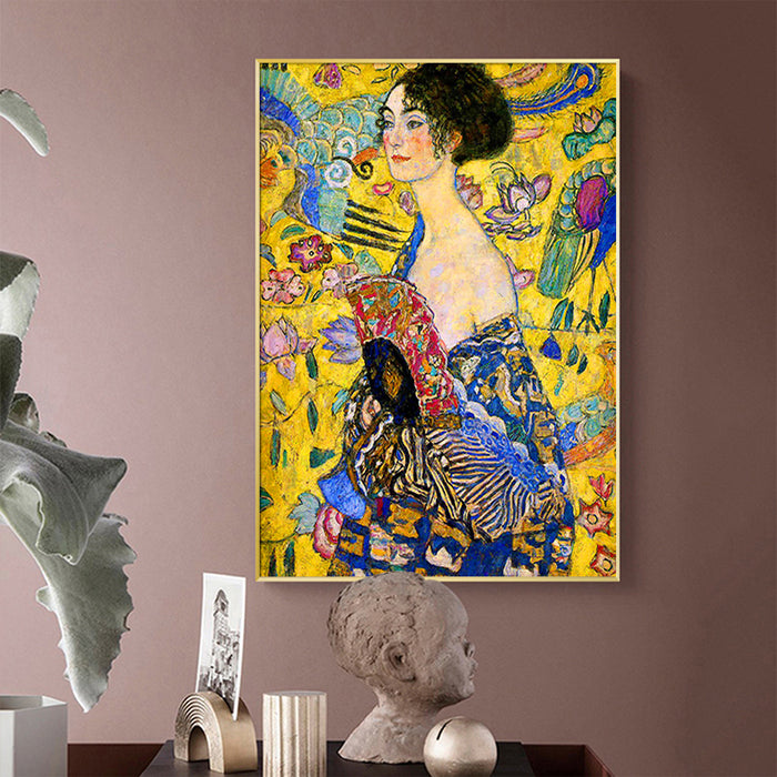 80cmx120cm Lady With A fan By Klimt Gold Frame Canvas Wall Art