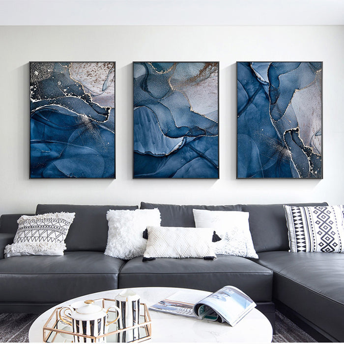 60cmx90cm Blue Gold Marble 3 Sets Black Frame Canvas Wall Art