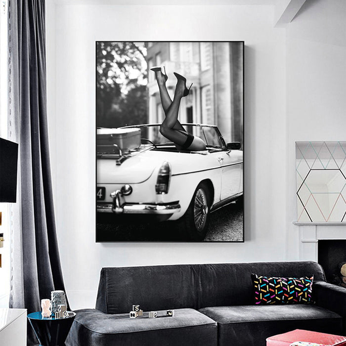 60cmx90cm High Heels in Classic Car Black Frame Canvas Wall Art