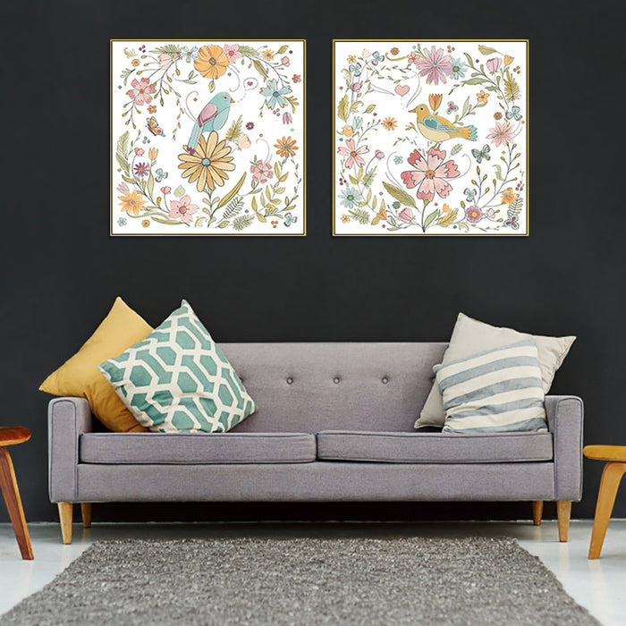 70cmx70cm Floral birds 2 Sets Gold Frame Canvas Wall Art