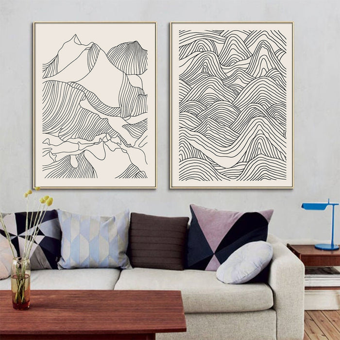 70cmx100cm Line Art Mountain 2 Sets Gold Frame Canvas Wall Art