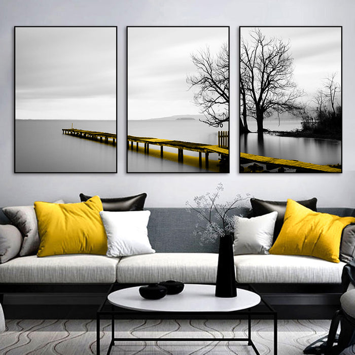 60cmx90cm Calm Lake Bridge Tree Scene 3 Sets Black Frame Canvas Wall Art