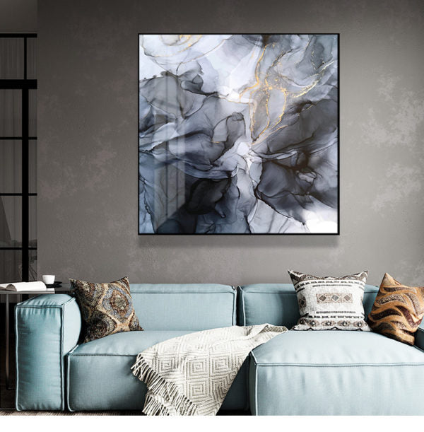 80cmx80cm Marbled Black Grey Black Frame Canvas Wall Art