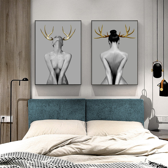 50cmx70cm Girl With Gold Horn 2 Sets Black Frame Canvas Wall Art