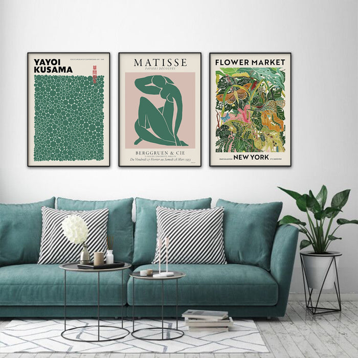 60cmx90cm Flower Market, Matisse Print, Yayoi Kusama 3 Sets Black Frame Canvas Wall Art