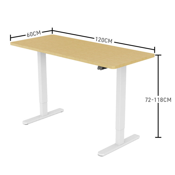 Sit To Stand Up Standing Desk, 120x60cm, 72-118cm Electric Height Adjustable, 70kg Load, White Oak Style/White Frame