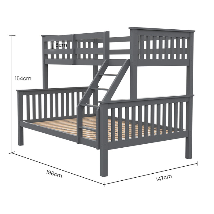 KINGSTON 2in1 Single on Double Bunk Bed Kids Solid Wood Timber Loft Furniture Slats, Grey