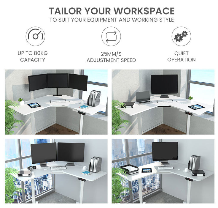 Sit To Stand Up Corner Standing Desk, 72-120cm, Dual Motor, Electric Height Adjustable, 80kg Load, White/White Frame