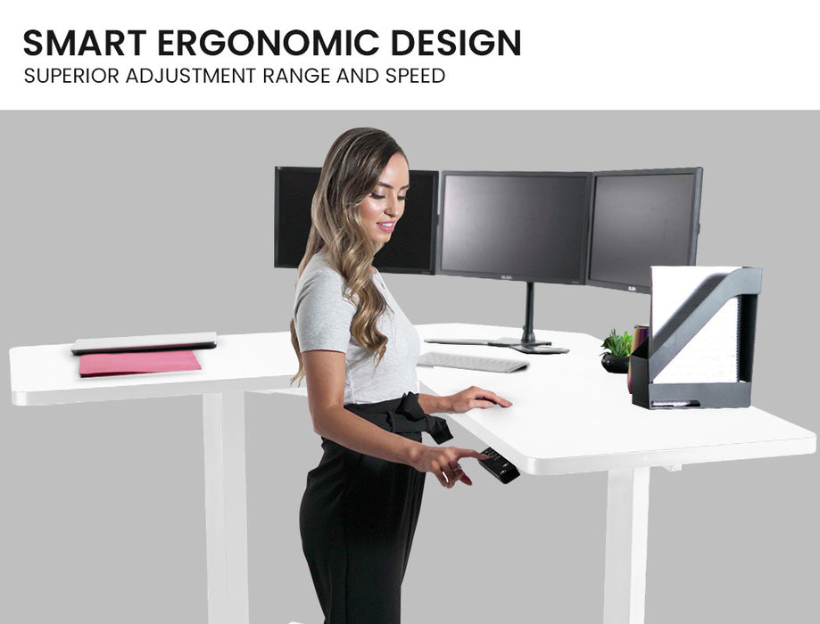 Sit To Stand Up Corner Standing Desk, 72-120cm, Dual Motor, Electric Height Adjustable, 80kg Load, White/White Frame