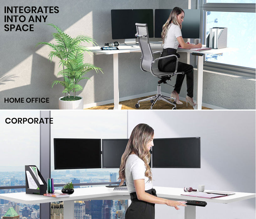 Sit To Stand Up Corner Standing Desk, 72-120cm, Dual Motor, Electric Height Adjustable, 80kg Load, White/White Frame